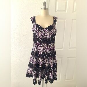 White House Black market Black Floral Dress with Purple Accents.